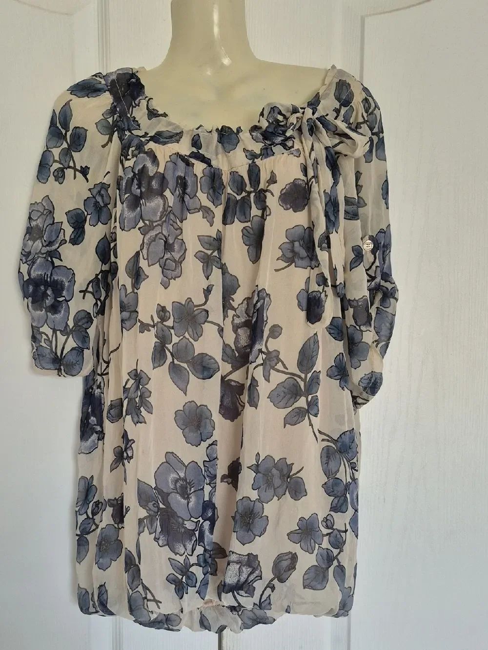 Floral Silk Peasant Top in Cream and Blue